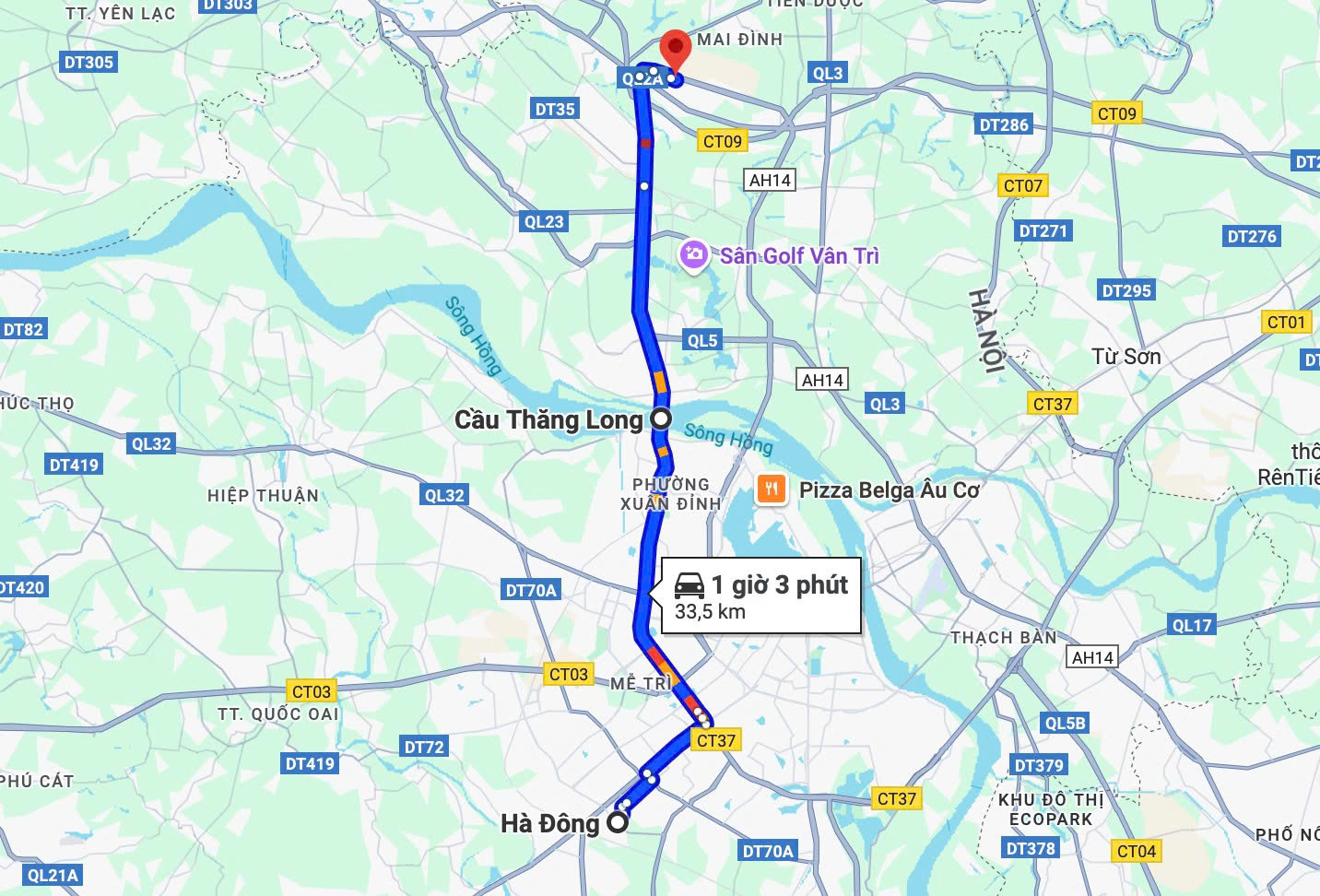 Lộ trình di chuyển từ Hà Đông đi Nội Bài hướng cầu Thăng Long